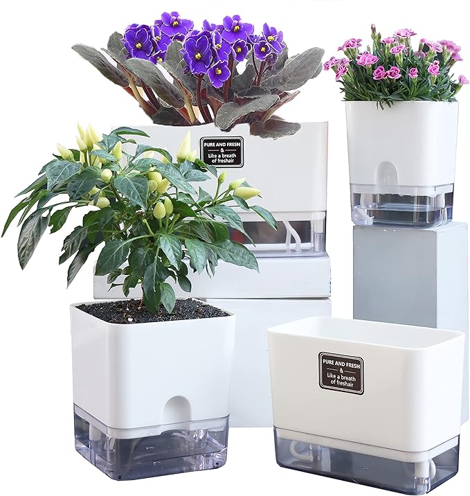 FAMZ Self Watering Planters 4 Pack，Self Watering Pots for Indoor Plants，Automatic Moisturizing，Transparent Square Flower Pot for Indoor and Outdoor Plants，Succulents，Violets，Ivy