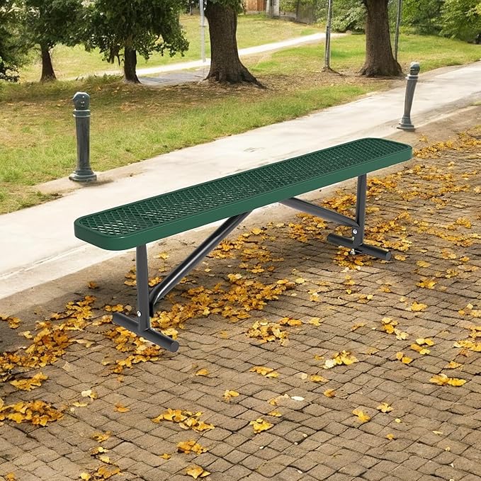 72" L Outdoor Steel Flat Bench, Heavy Duty Metal Park Bench for Outside, Expanded Metal, Commercial Benches Mesh Bench for Shopping Mall, Store, Lawn, Park, Patio, Deck, Garden (Green, 6FT)