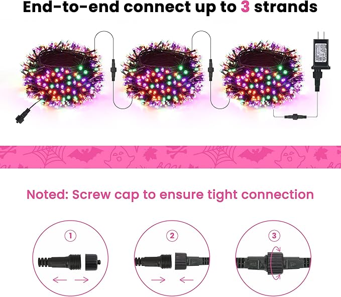 114ft 300 LED String Lights - Waterproof, 8 Modes, Orange, Green, Purple - Halloween Party, Garden, Indoor/Outdoor Decor