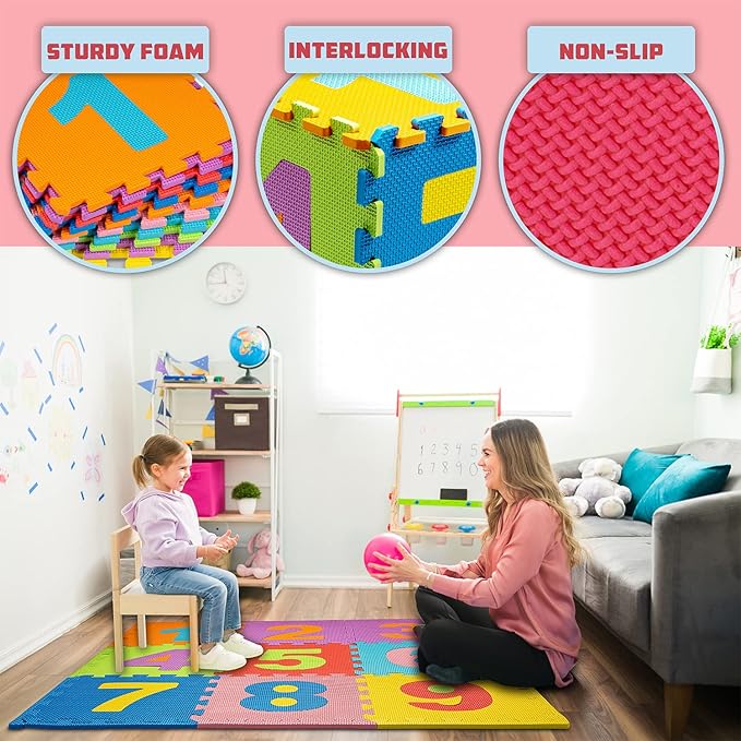 TOYVELT Foam Play Mat for Baby Kids 12x12-10 Interlocking Foam Puzzle Floor Mat Tiles EVA Non Toxic for Crawling, Exercise, Playroom, Play Area, Baby Nursery - Numbers