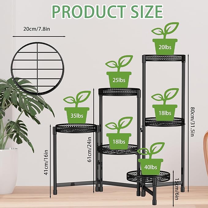 6 Tier Metal Plant Stand Indoor,31.5in Tall Corner Plant Stands Outdoor,Black Folding Tiered Flower Display Holder Rack Shelf Patio Garden Multiple Plants