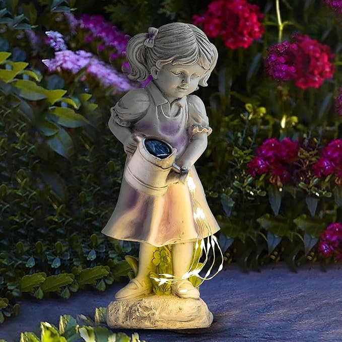 Solar Garden Decor Girl Statue Lawn Ornaments with Solar Watering Can for Outside Yard Porch Patio Balcony Decor Outdoor Gardening Gifts for Women Moms