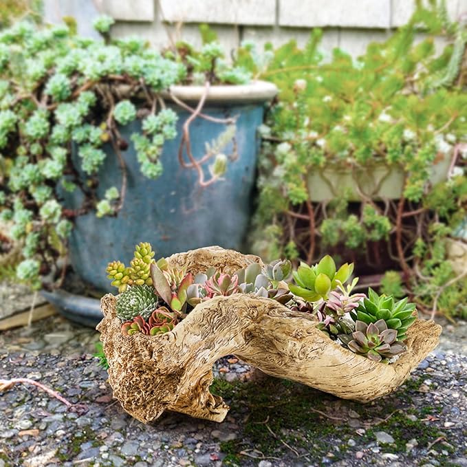 Artificial Driftwood Planter, Sculpture Resin Succulent Flower Pot, Creative Imitation Wood Stump Log Bonsai Plant Pot, Rustic Cactus Container with Drainage Hole for Garden, Indoor, Outdoor