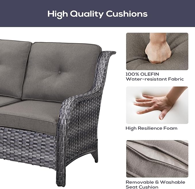 Outdoor Furniture Sectional Sofa L Shaped Couch - Patio Wicker Set with 2 Swivel Glider Chairs, 5 Piece Rattan Patio Conversation Sets with Gray Cushion for Deck Backyard Sunroom