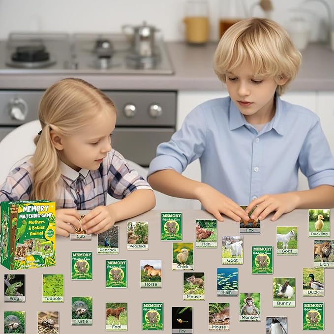 gisgfim 50 Pairs Memory Matching Game Adult & Baby Animal Memory Games Educational Matching Game for Kids and Adults A Fun & Fast Animal Memories Games Toddlers Preschool Family Board Gift