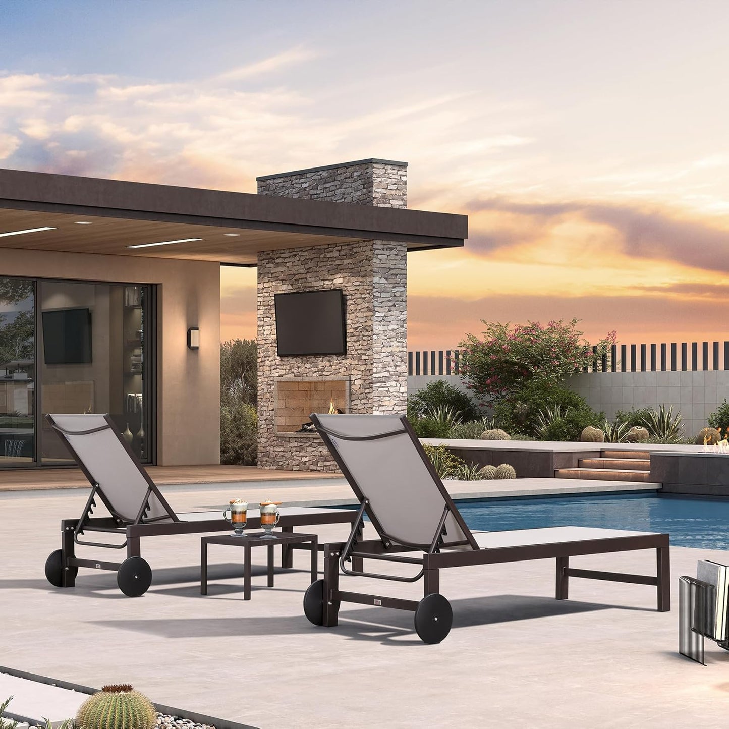 PURPLE LEAF Outdoor Chaise Lounge Chair Set of 3, Pool Lounge Chair for Outside, Aluminum Patio Chaise Lounger with Adjustable Backrest and Wheels for Deck, Outside, Lawn, Garden, Linen