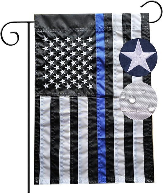 US Embroidered Thin Blue Line Garden Flag Double Sided 12x18 Inch American Police Yard Lawn Garden Flags Banner Heavy Duty Vivid Color