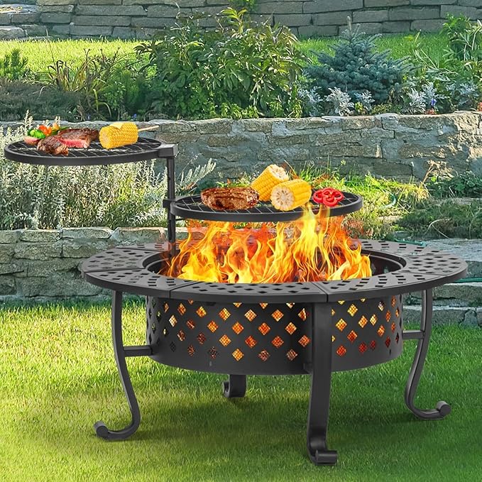 42 Inch Fire Pit with 2 BBQ Grills, Wood Burning Fire Pits for Outside with Lid & Fire Poker, BBQ& Outdoor Firepit & Round Metal Table 3 in 1 for Patio, Picnic, Party