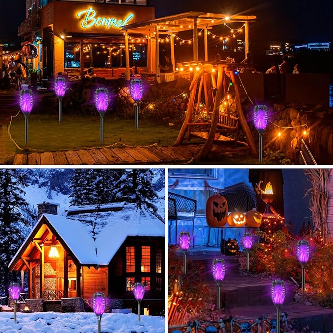 Purple Solar Lights Outdoor, 8 Pack Solar Flicker Flame Torch Lights Waterproof 12 LED Mini Tiki Torch Lights for Outside Landscape Garden Pathway Dusk to Dawn Auto On/Off