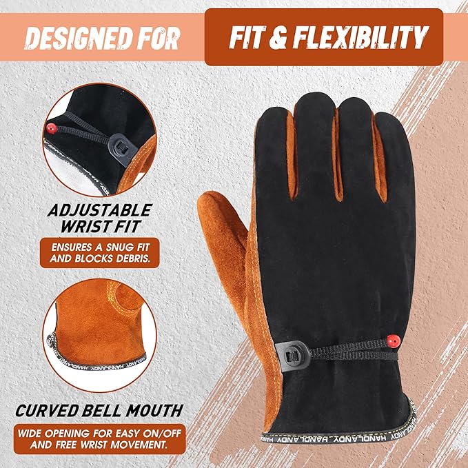 HLDD HANDLANDY Leather Work Gloves for Men & Women, Adjustable Wrist Cowhide Gardening Glove with Reinforced Palm for Driver