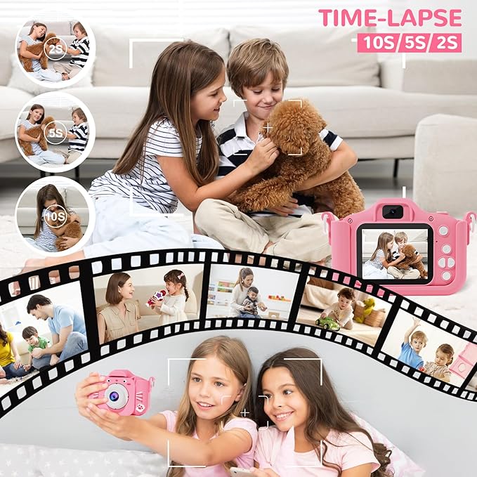 Kids Camera, Toys for Ages 3-7, Camera for Kids, Present for 3 Years+ Old Girls, Kids Camera with Cute Silicone Sleeve, 1080p Video Recording, Multi-Frame & Filter, Girl Toys, Pink