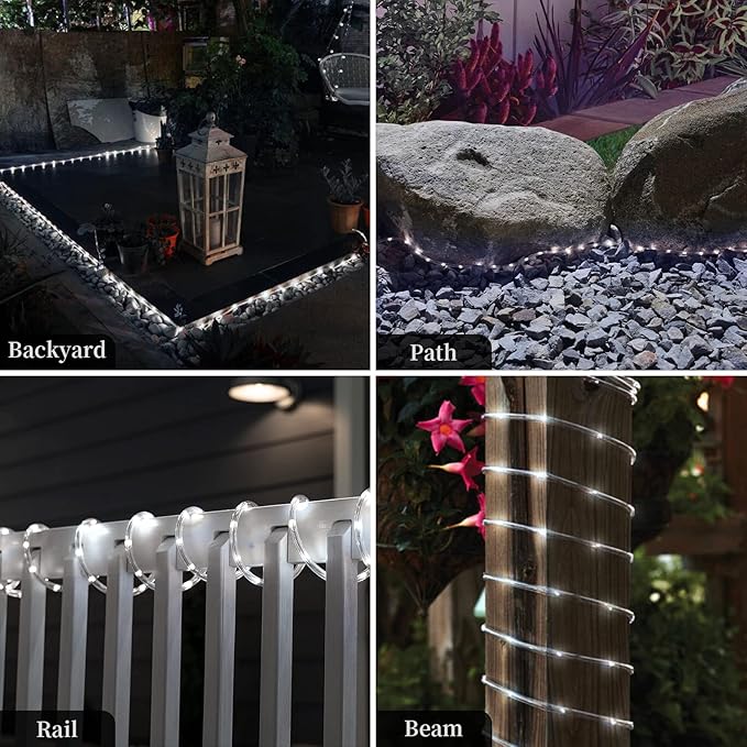 Solar Outdoor Rope Lights, 66ft 200leds Solar Powered Rope Lights Outdoor, 8 Modes Dimmable/Timer Remote String Light 3.7V/1200mAh Rope Solar Lights Outdoor Waterproof for Garden Decor, White