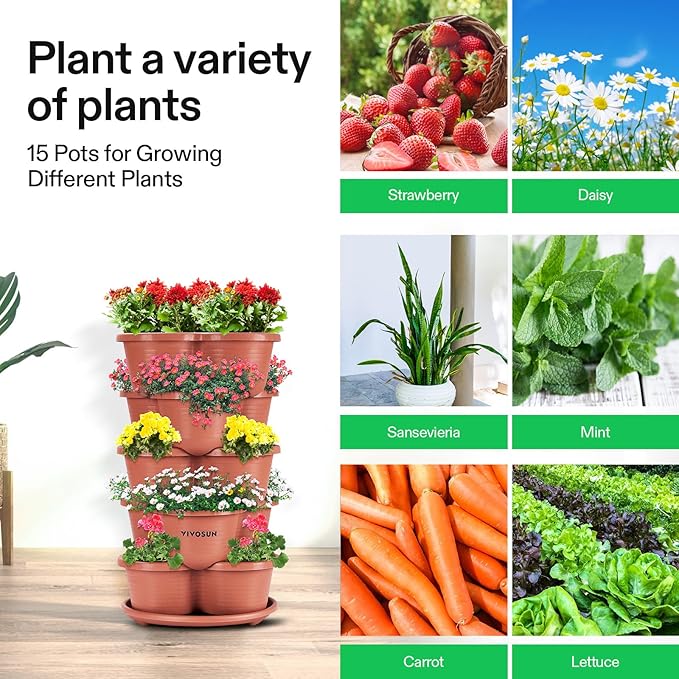 VIVOSUN 5 Tier Vertical Gardening Stackable Planter for Strawberries, Flowers, Herbs, Vegetables, Brown