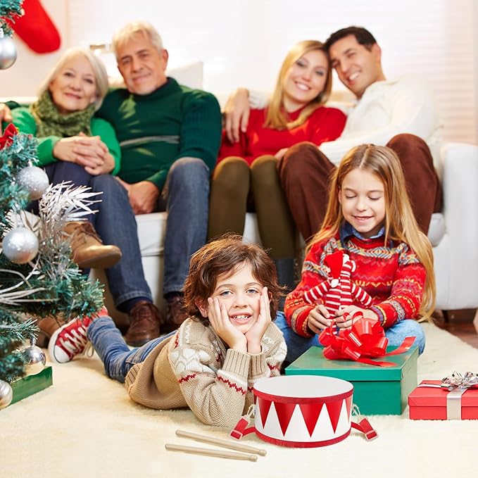 Kids Drum Set 8 Inch Wooden Toy Drum with Adjustable Strap 2 Drumsticks Educational Sensory Musical Instrument Toy Set for Toddlers Kid Baby Boys Girls Gift(Red Triangle Style)