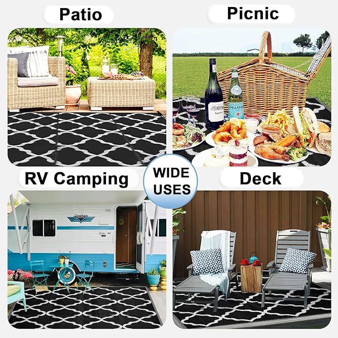 OutdoorLines Outdoor Plastic Area Rugs for Patio 4x6 ft - Reversible Outside Carpet, Stain & UV Resistant RV Mats, Straw Rug for Camping, Deck Garden, Porch and Balcony, Moroccan Black & Light Grey