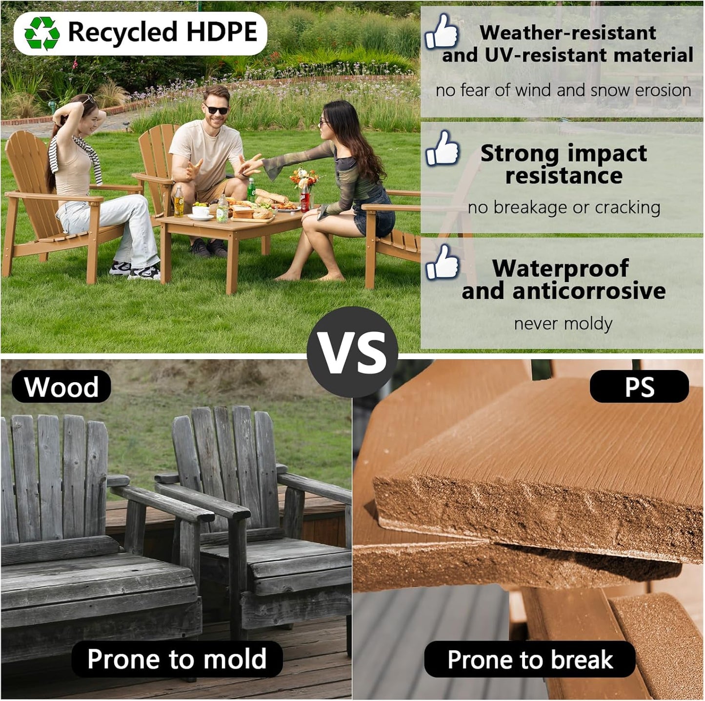 Stackable Adirondack Chair Set of 2, HDPE Outdoor Patio Chair - Durable and Space Saving, Suitable for Porches, Lawns or Garden, Teak