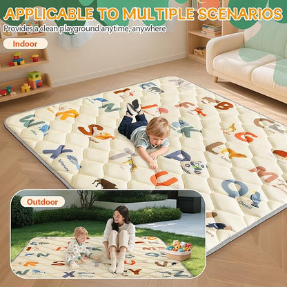 Baby Play Mats for Floor - 65”x50” Playmat for Babies - Foldable Soft Foam Mat for Toddlers - Machine Washable & Non-Slip Thick Play Mat for Picnic Portable - Animals Alphabet Design