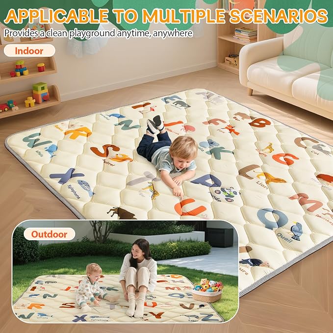 Baby Play Mats for Floor - 47”x47” Baby Play Mat - Playmat for Baby and Toddlers Infants - Thick Tummy Time Floor Mat & Machine Washable - Animals Alphabet