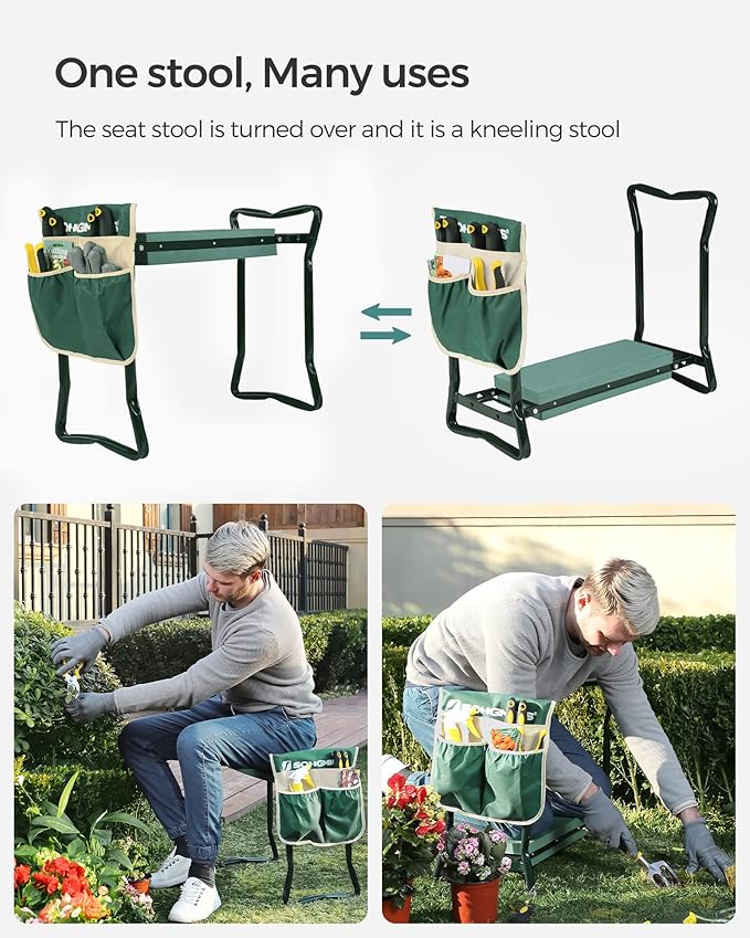 SONGMICS Garden Kneeler and Seat, Multifunctional Garden Kneeling Bench, Gardening Gifts for Women Men, Folding Gardening Stool, with 2 Tool Bags, 8-Inch Wide Kneeling Pad, Dark Green UGGK060L01