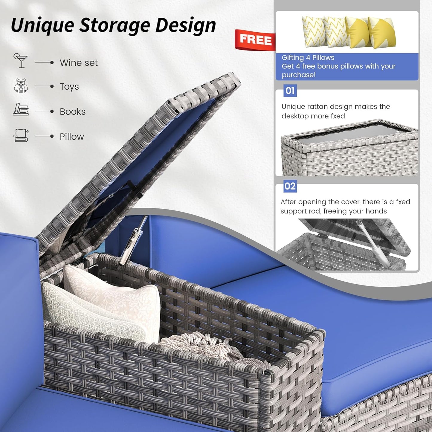 Patio Sectional Furniture Outdoor 8-Piece Grey Rattan Curved Sofa Set with Fire Pit Table,Storage Table,Pillows,Fit for Pool Backyard Balcony Porch Lawn (Navy)