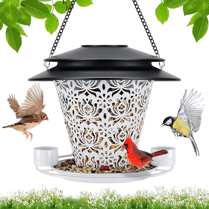 Solar Bird Feeders for Outside Hanging Metal Wild Bird Feeder Solar Lanterns Outdoor Waterproof Garden Decor for Yard White