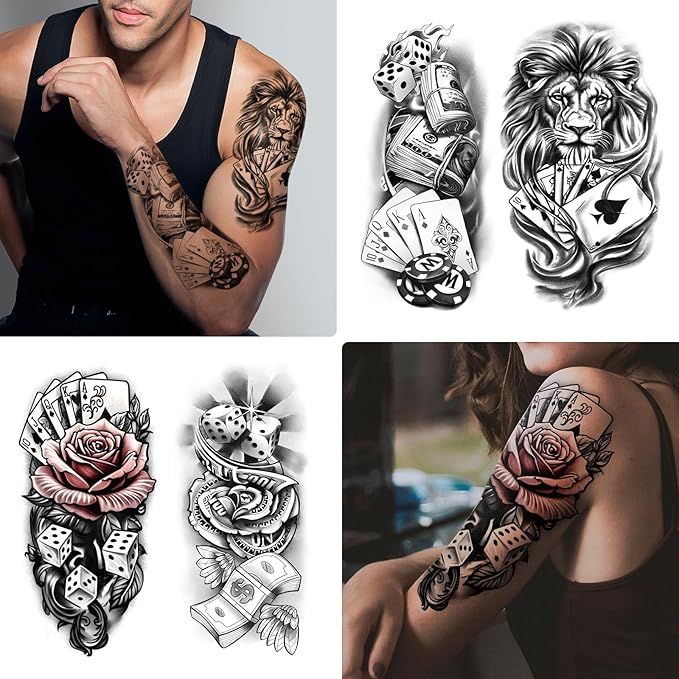 Casino Temporary Tattoos (77 Sheets), Fake Tattoo for Adults and Kids, Waterproof Fake Body Tattoo Stickers for Halloween, Parties, Cosplay, Casino Night - Realistic Poker/Dice/Skull/Chicano Designs
