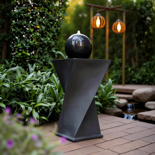 Black Sphere Water Fountain Outdoor –Unique Rotating Curve Design，Modern Zen Water Fountain for Garden, Patio, Indoor Floor Standing Decor,32.28'' Tall (Black)