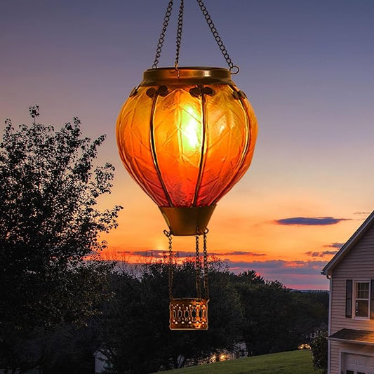 pearlstar Hot Air Balloon Solar Lantern with Flickering Flame Light Outdoor Solar Hanging Lights Waterproof for Garden Yard Farmhouse Patio Outside Decoration, Stained Glass Gradient Orange