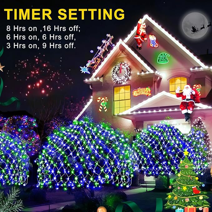 KNONEW 2-Pack 360 LEDs Christmas Net Lights 13ft x 9.8ft Outdoor Mesh Lights Connectable Waterproof 8 Modes & Timer Plug-in Net Fairy Lights for Bushes Garden Party Wedding Holiday,Blue and Green