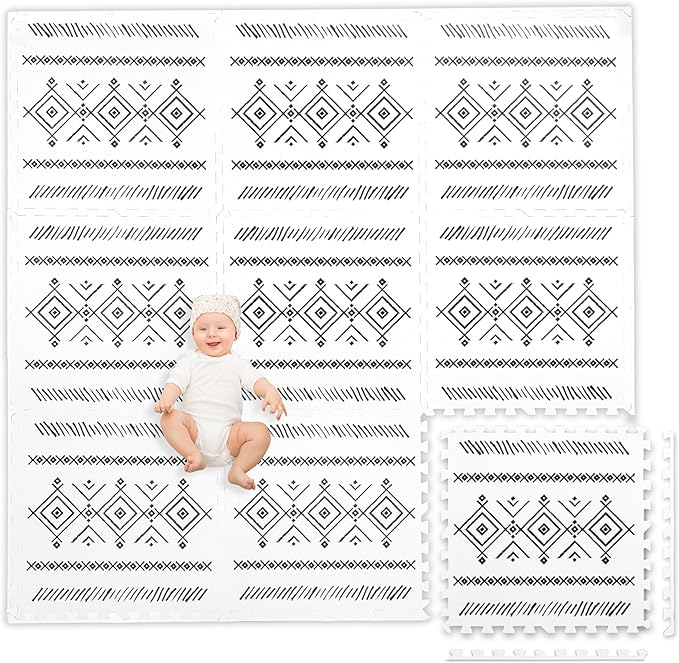 Play Platoon Non-Toxic Extra-Thick Children's Play Mat, 9 Tiles - 72 x 72 inch Comfortable Cushiony Foam Floor Puzzle Mat for Kids & Toddlers with 24 x 24 inch Tiles - Black/White