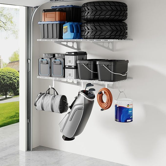 LEXIMOUNTS 2-Pack 2x4ft Garage Shelving with Hooks, 24-inch-by-48-inch Wall Shelf Garage Storage Racks Floating Shelves, White