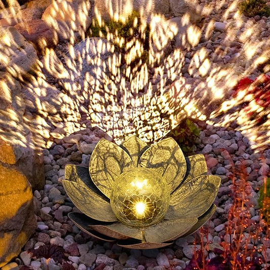 HPC Decor Solar Lights Outdoor Garden Decor - Art Crackle Globe Glass Lotus Decoration, Waterproof LED Metal Flower Lights for Outdoor Decor on Patio,Lawn,Walkway,Table,Perfect Gifts (Gray,11in)