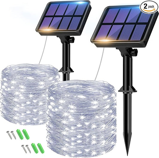 2-Pack Solar String Lights Outdoor, 160LED 66FT Solar Fairy Lights Waterproof 8 Modes Copper Wire Solar Powered Twinkle Lights for Outside Garden Patio Tree Christmas Wedding Party Decor (Cool White)