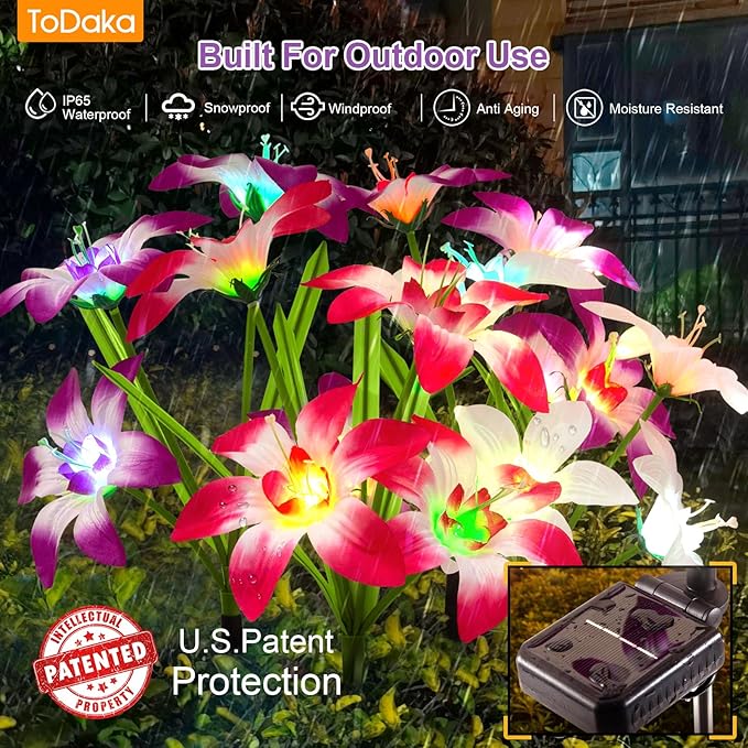 Solar Lights Outdoor Waterproof, 4 Pack Upgraded Garden Lights Solar Powered with 16 Double Layer Lily Flowers, Colorful Outdoor Solar Lights for Outside Yard Patio Garden Decor