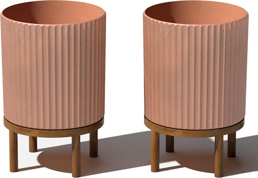 Veradek Demi Series Round Planter w/Stand for Porch/Patio | Durable Plastic-Stone Composite & Wooden Stand | Modern Décor for Tall Plants, Flowers