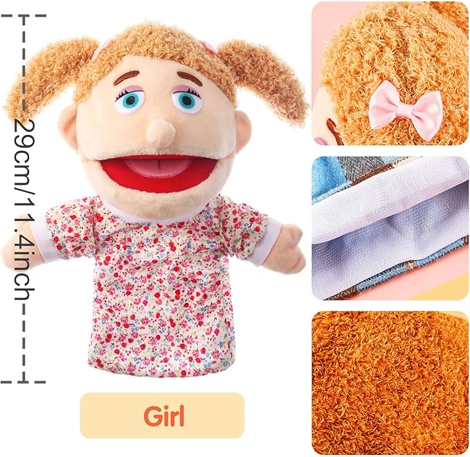 1 Pcs Family Hand Puppets 13 Inch Grandparents, Mom & Dad, Brother & Sister Plush Hand Puppet Toys Role-Play Toy Puppets for Kids Storytelling Imaginative Pretend Play Teaching Preschool(Sister)