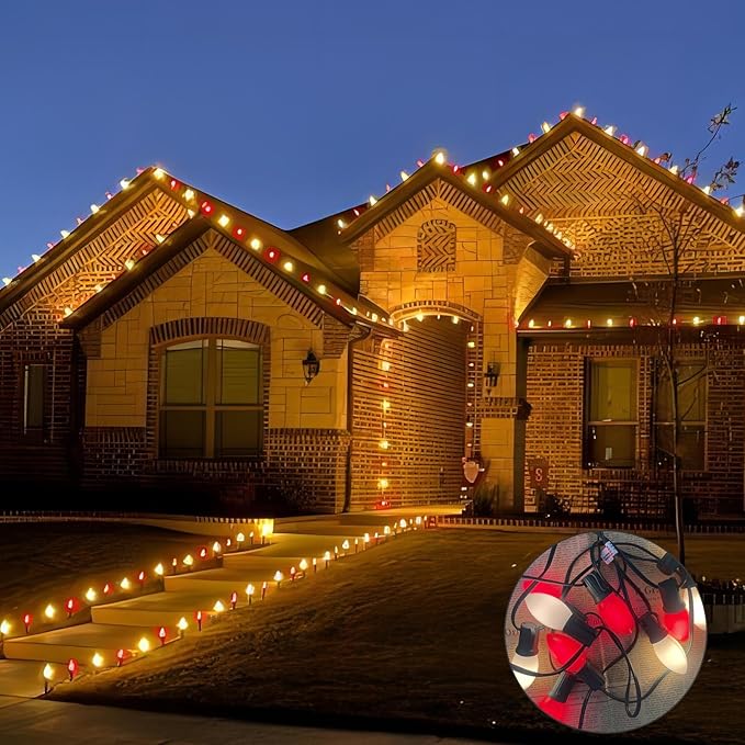 25FT C9 Christmas Lights Outdoor,Red and White C9 Christmas Lights with 26 Ceramic Bulbs(1 Spare), Connectable Incandescent Christmas Lights for Indoor Outdoor Party Home Decor,Green Wire