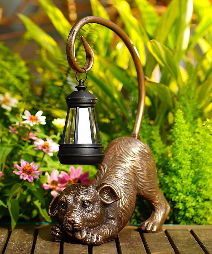 Solar Dog Garden Statue for Outdoor: Outside Sculptures Decor for Art Patio Balcony Yard Lawn – Unique Birthday Gift for Women Mom Grandma