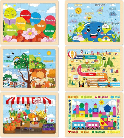 Christmas Wooden Puzzles for Toddlers 3-5,6 Packs 24Pcs Jigsaw Wooden Number Shape Puzzles for Ages 4-8,Preschool Educational Brain Toys Gifts for Boys and Girls 2 4 3 5 Year Old（Season）