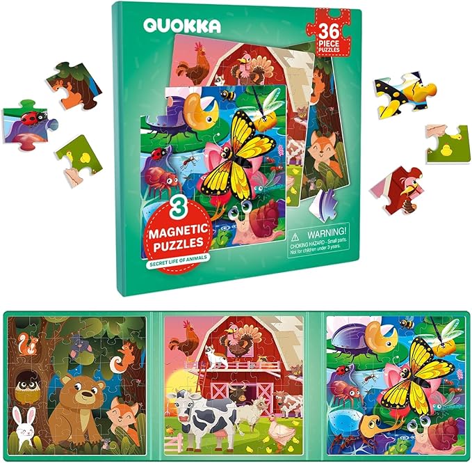 QUOKKA Magnetic Puzzles for Kids Ages 4-6 - 36 Pieces Sudoku Toddler Puzzles Ages 2-4 - Travel Games for Kids Ages 3-5 - Animal Farm Bugs Toddler Travel Toys - Car Airplane Road Trip Games