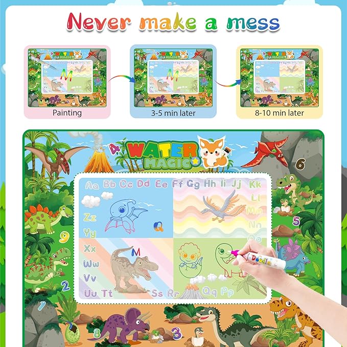 60×40 Inches Water Doodle Mat Kids Mess Free Coloring for Toddlers 3 4 5 6 7 8 9 Years, Large Doodle Mat with 4 Magical Water Color Pens 0-9 Number Template Educational Toys