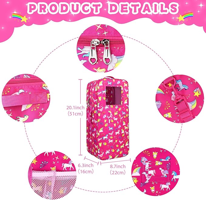 Ecore Fun 7-Piece 18" Unicorn Doll Carrier with Accessories: Doll Case, Clothes, Shoes, Sunglasses, Phone, Hairpins