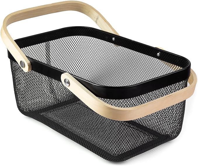 Portable Garden Harvest Basket-Mesh Design Natural Bamboo Handle Wire Storage Baskets,Mesh Basket with Handle Organize Items Reduce Space Occupation,Suitable for Kitchen,Garden,Picnic(Black)