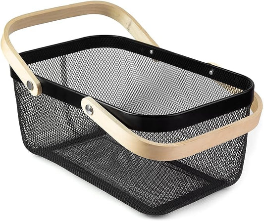Portable Garden Harvest Basket-Mesh Design Natural Bamboo Handle Wire Storage Baskets,Mesh Basket with Handle Organize Items Reduce Space Occupation,Suitable for Kitchen,Garden,Picnic(Black)