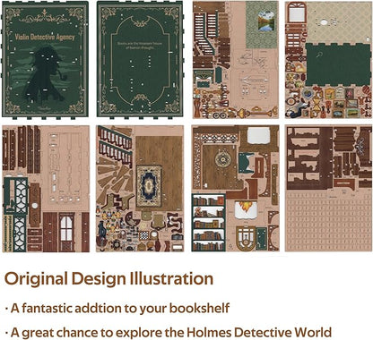 Tonecheer DIY Book Nook Kit for Adults, Wooden 3D Puzzle Bookend Bookshelf Insert Decor, Detective Booknook Miniature House Kit with Dust Cover and Body Motion Sensor LED (Violin Detective Agency)