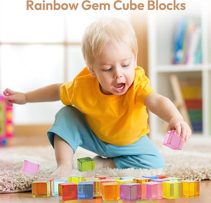 Woodtoe Wooden Building Blocks Set for Kids, 36 PCS Rainbow Acrylic Gem Cubes Blocks - 3 Wood House, Montessori Stacking Toy for Toddlers, Educational STEM Birthday Toys for Boys Girls 3-6