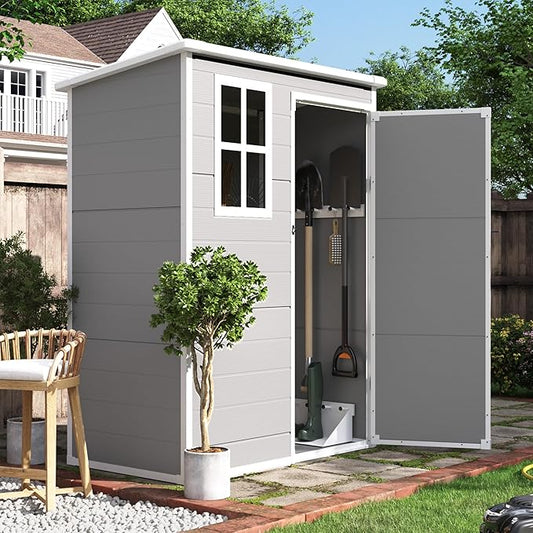 UDPATIO Outdoor Storage Shed 5x3 FT, Plastic Garden Shed for Bike, Garbage Can, Tool, Outside Sheds & Outdoor Resin Shed with Lockable Door for Backyard, Patio, Lawn, Grey & White