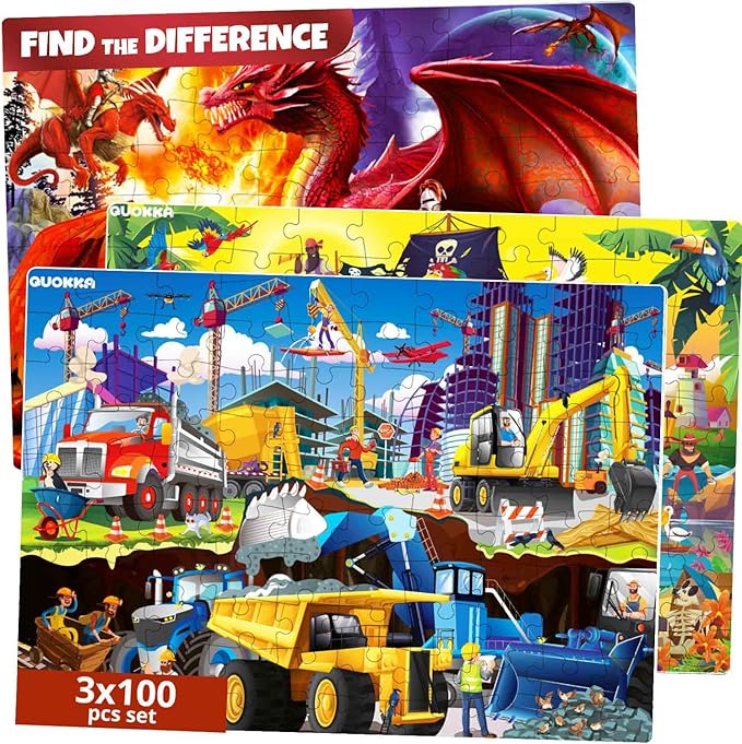 QUOKKA 100 Piece Puzzles for Kids Ages 4-6 – 3 Floor Puzzles for Toddlers 3-5 – Toy for Learning Pirates & Constructions & Animals for 6-8 yo – Jigsaw Toddler Game for Boy and Girl