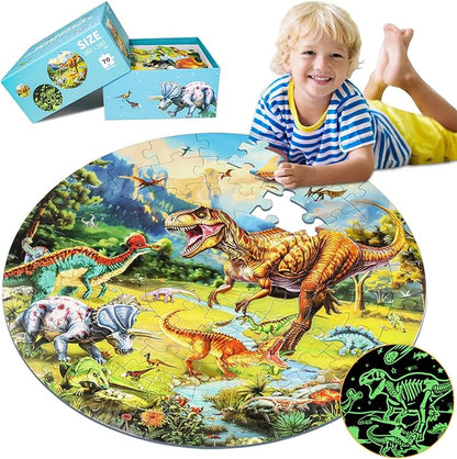 Glow-in-The-Dark Dinosaur Floor Puzzles for Kids Ages 4-6, Kids Jigsaw Puzzles Ages 6-8, 70PCS Large Round Dino Educational Puzzle Toys Gifts for 3 4 5 6 7 8 Years Old Boys Girls Children