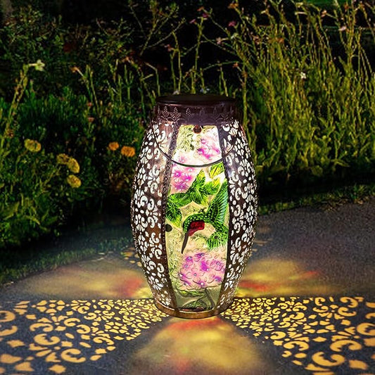 Outdoor Solar Lantern-Waterproof Hummingbird Hanging Metal Decorative Lights for Patio Table Garden Pathway Yard with Super Bright Warm White LED, Large Solar Panels, Auto On/Off